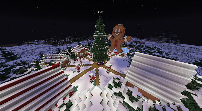 An overview of Gingerbread Village, with gumdrops, candy canes, and plenty of gingerbread.